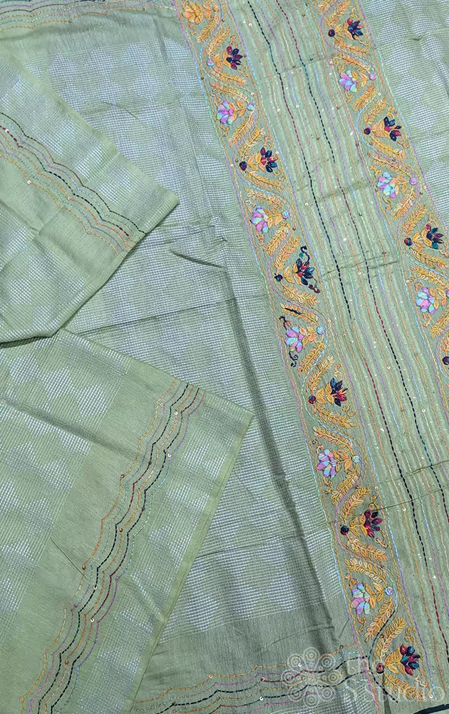 Green Bengal cotton saree with checked pattern