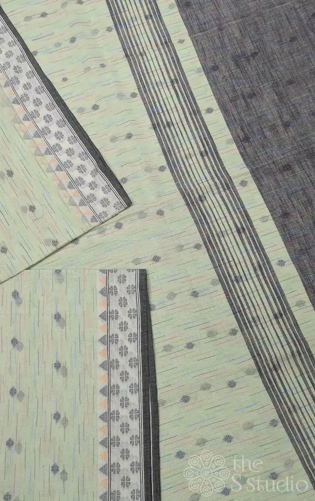 Light green bengal cotton saree with black threadwoven buttas