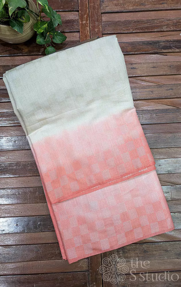 Beige Bengal cotton saree with floral embroidered pallu