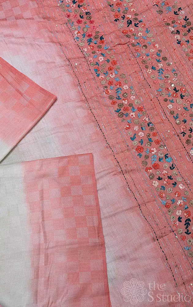 Beige Bengal cotton saree with floral embroidered pallu