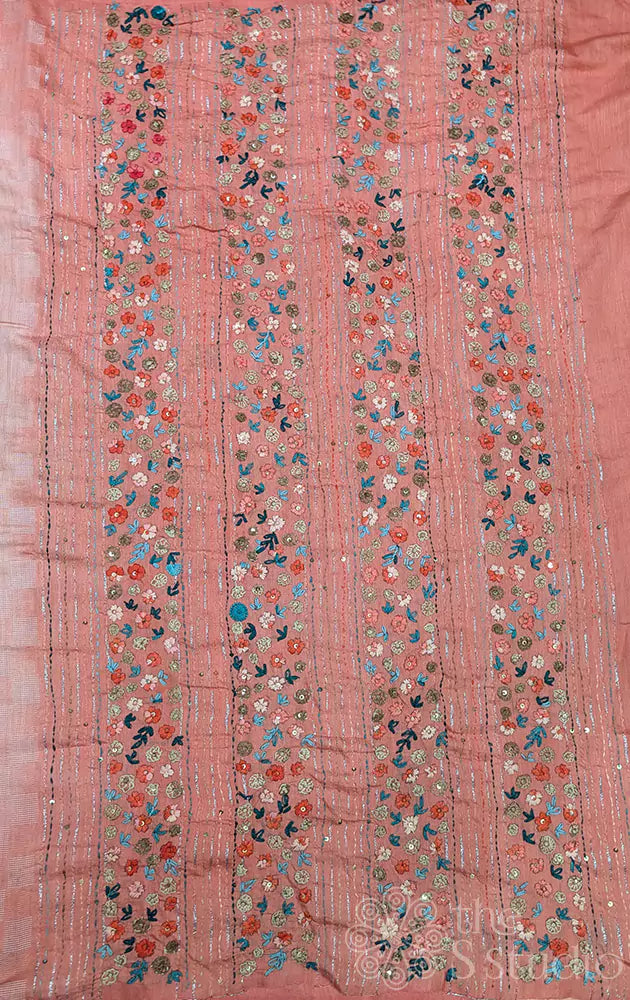 Beige Bengal cotton saree with floral embroidered pallu