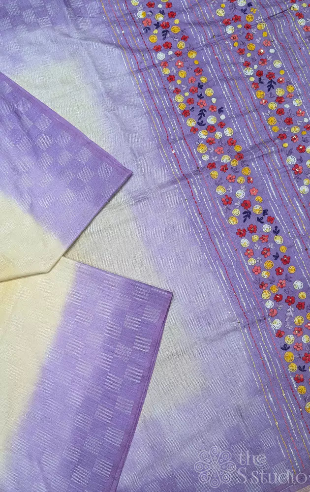 Light yellow Bengal cotton saree with lavender border and pallu