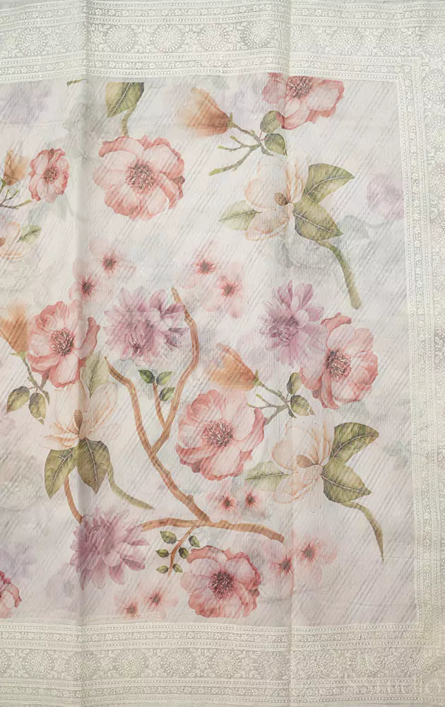 Off-white supernet saree with brown floral prints