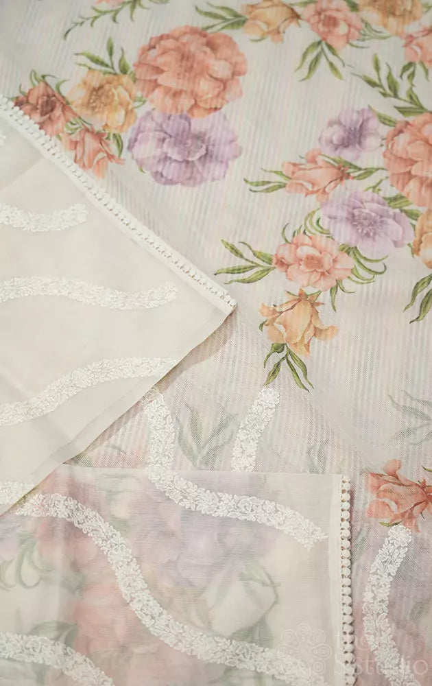 Off-white supernet saree with cross embroidery pattern