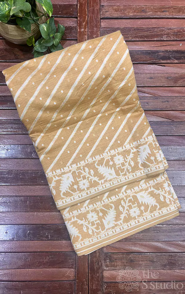 Beige linen cotton saree with jamdani pallu creative shot