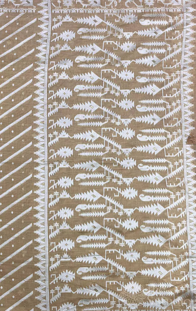 Beige linen cotton saree with jamdani pallu