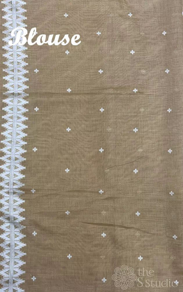 Beige linen cotton saree with jamdani pallu