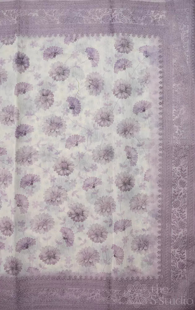 White Supernet Saree with Lavender Embroidered Border