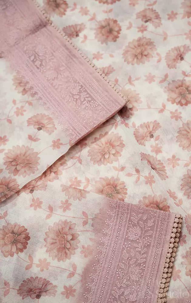 White Supernet Saree with Brown floral Prints