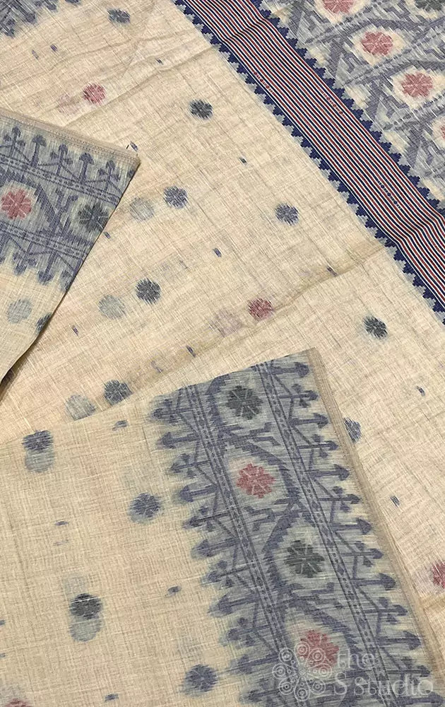 Light yellow linen cotton saree with grey border