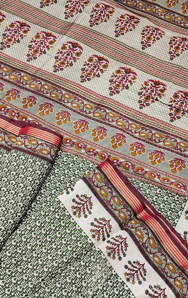 Green chanderi cotton saree with floral prints and small border