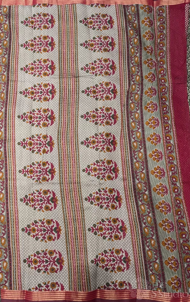 Green chanderi cotton saree with floral prints and small border