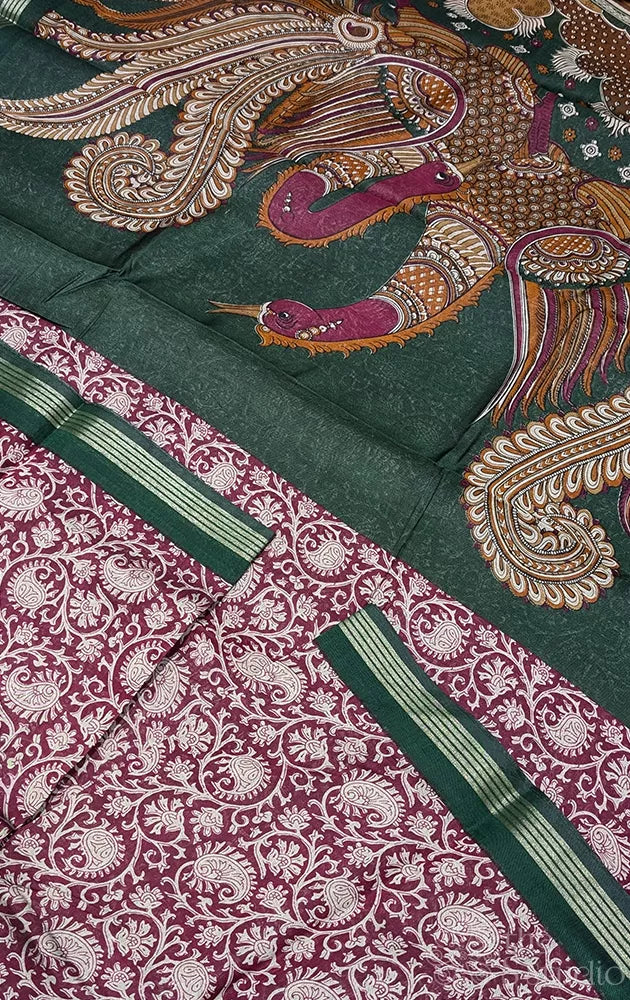 Maroon chanderi cotton saree with kalamkari printed pallu