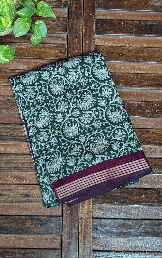 Green chanderi cotton saree with kalamkari printed pallu