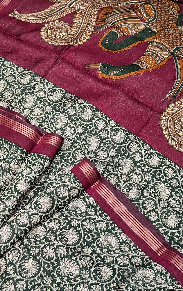 Green chanderi cotton saree with kalamkari printed pallu