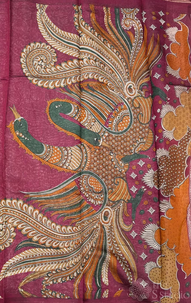 Green chanderi cotton saree with kalamkari printed pallu