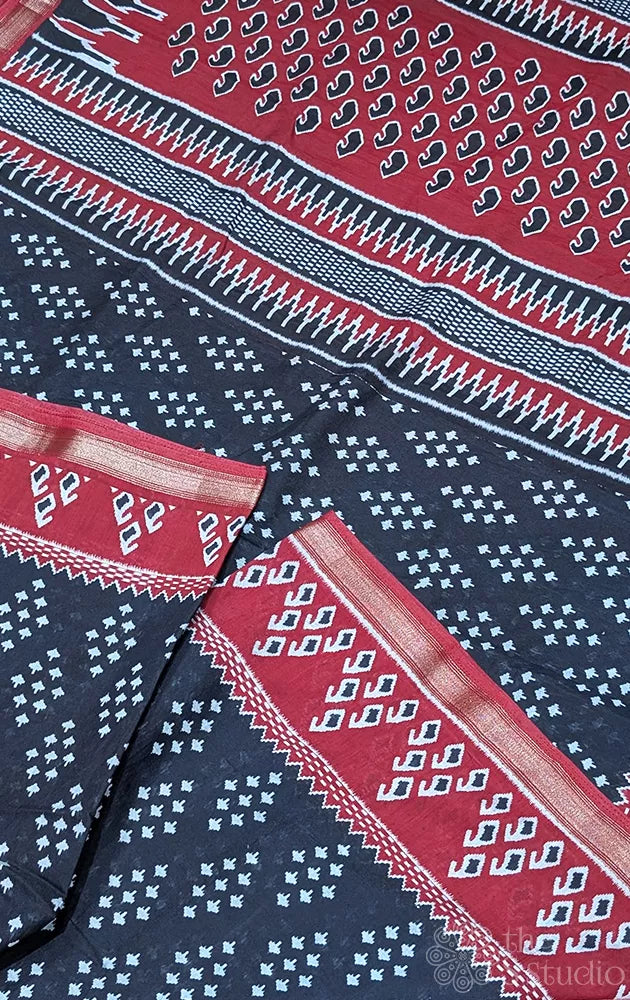 Black chanderi cotton saree with maroon border and prints