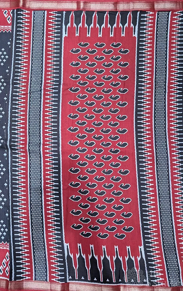 Black chanderi cotton saree with maroon border and prints