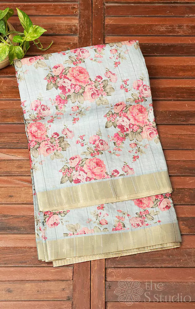 Light blue semi tussar saree with floral prints