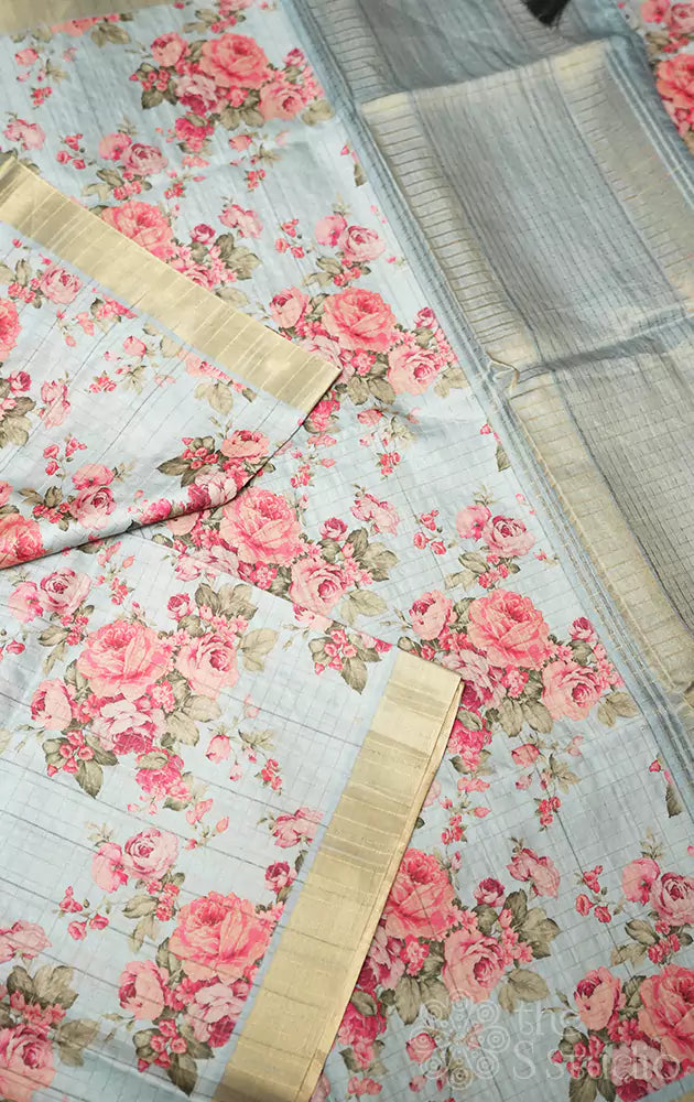 Light blue semi tussar saree with floral prints