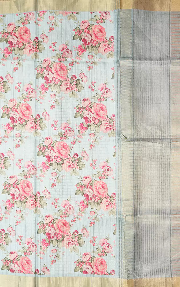 Light blue semi tussar saree with floral prints
