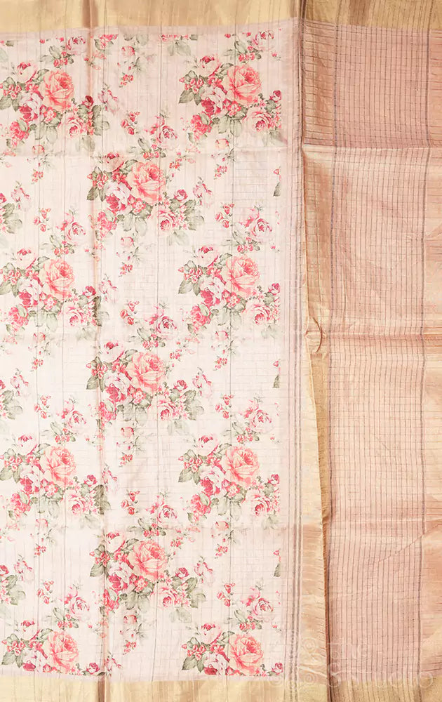 Peach semi tussar saree with zari checks