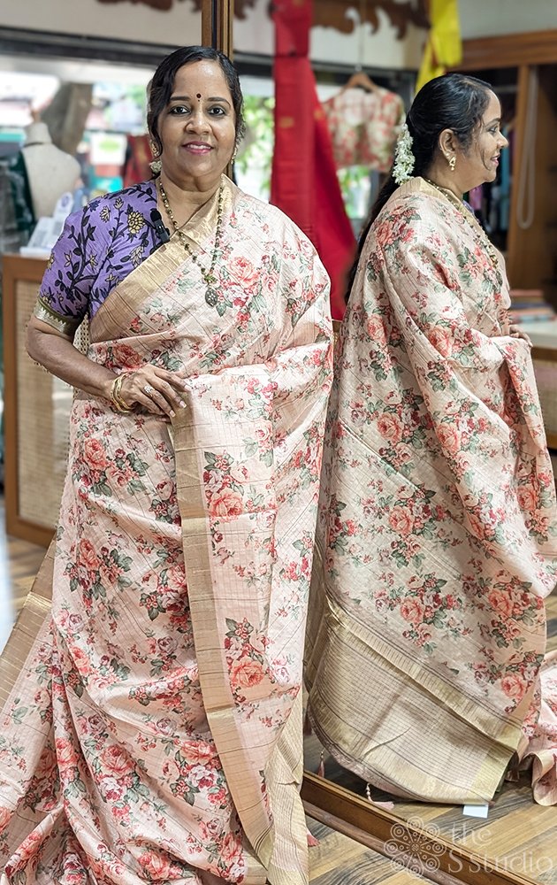 Peach semi tussar saree with zari checks