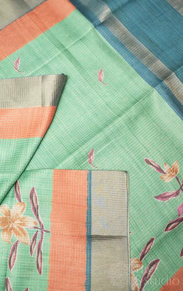 Green semi tussar saree with double colour border