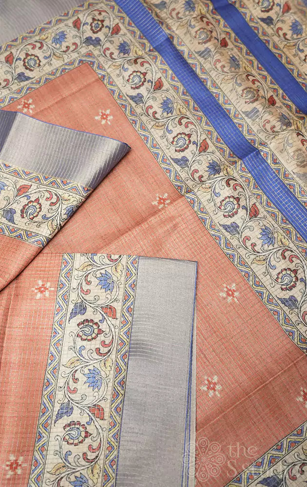 Brown semi tussar saree with contrast pallu