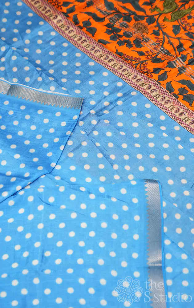 Light blue Mangalagiri silk cotton saree with Kalamkari printed pallu