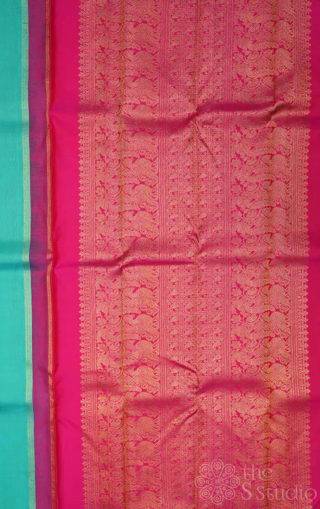 Bluish green colour kanchipuram silk saree with bird motifs