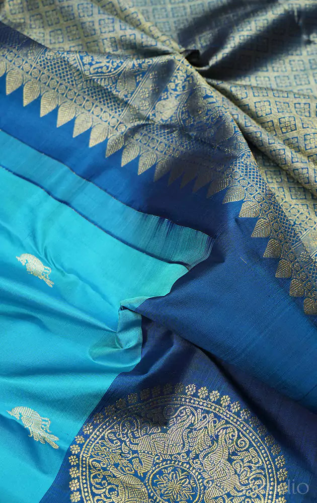 Light blue kanchipuram silk saree with dark blue border