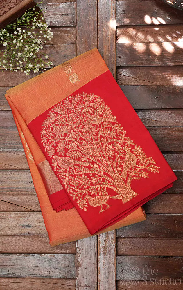Mustard kanchipuram silk saree with red border
