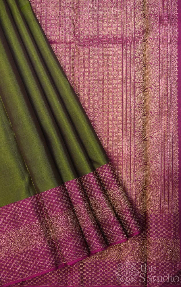 Moss green kanchi pattu saree with purple border