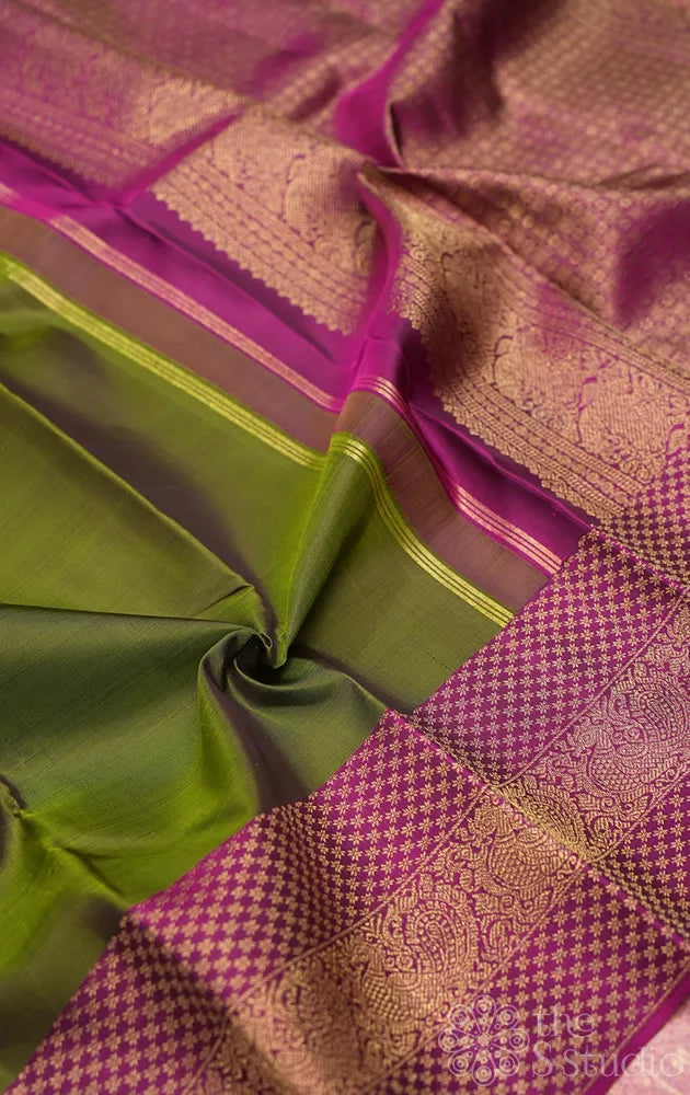 Methi green kanchi pattu saree with purple border