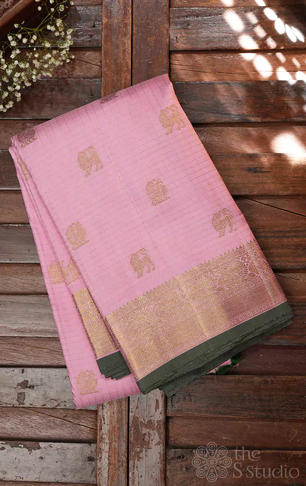 Light pink zari checked kanchipuram silk saree with yaazhi motifs
