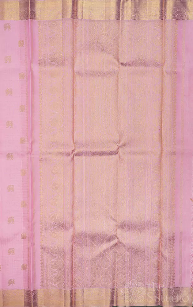 Light pink zari checked kanchipuram silk saree with yaazhi motifs