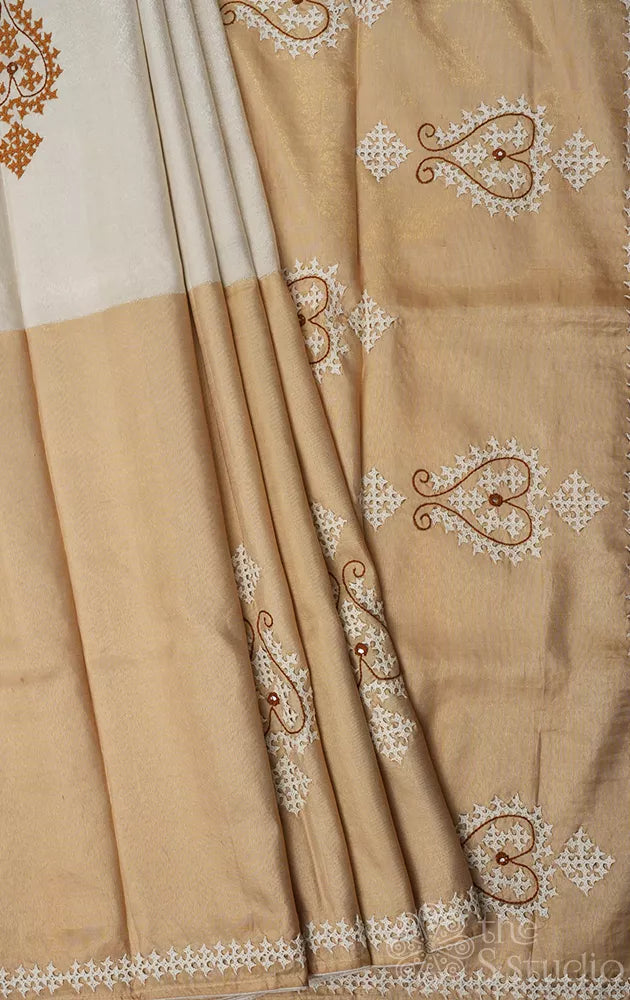 Off white and golden tissue kanchipuram silk saree with kutch embroidery