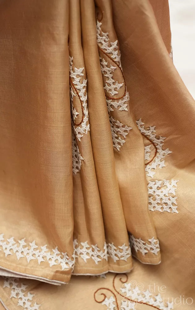 Off white and golden tissue kanchipuram silk saree with kutch embroidery