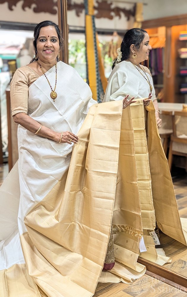 Silver and gold tissue kanchipuram silk saree for onam