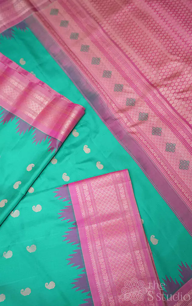 Sea green Gadwal silk saree with pink temple border