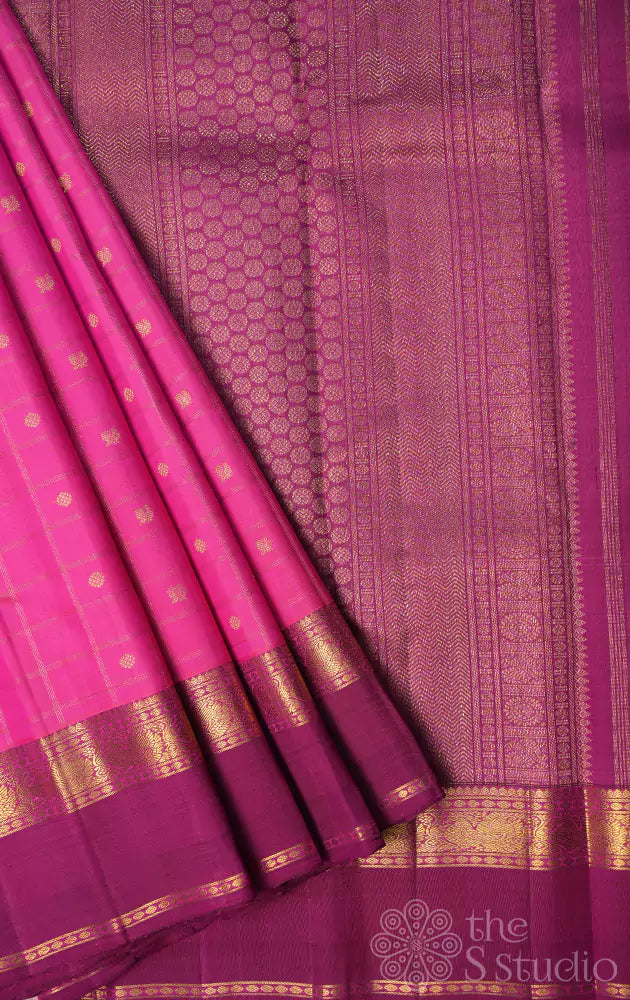 Rose checked kanjivaram silk saree with magenta border