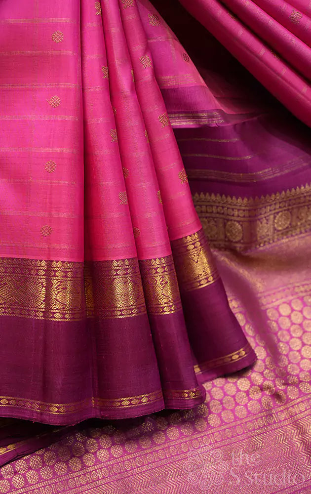 Rose checked kanjivaram silk saree with magenta border