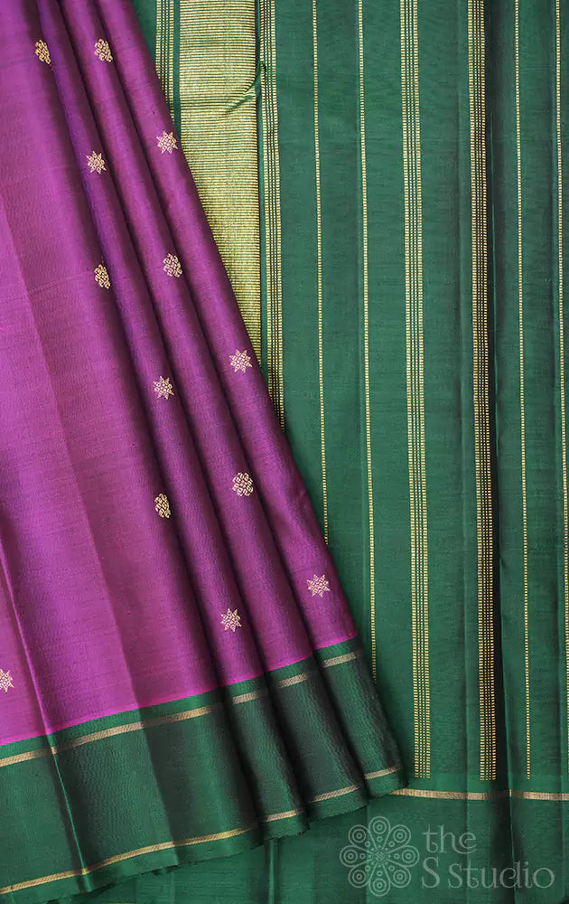 Purple kanjivaram silk saree with green border