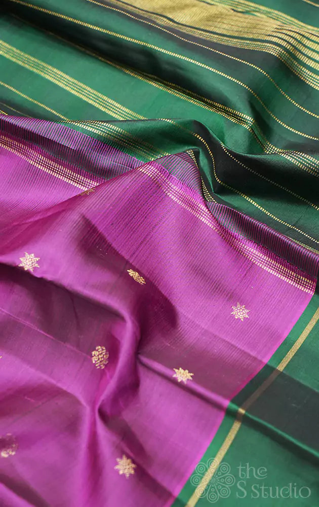Purple kanjivaram silk saree with green border
