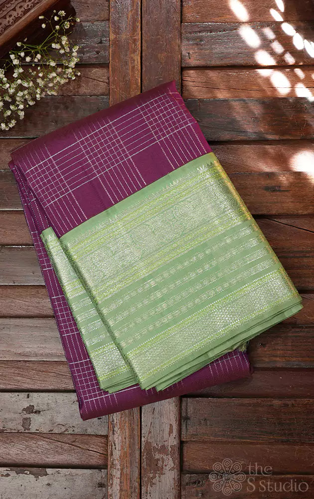 Mauve checked kanchipuram silk saree with korvai border