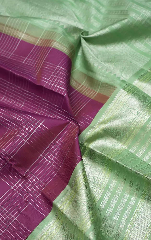 Mauve checked kanchipuram silk saree with korvai border
