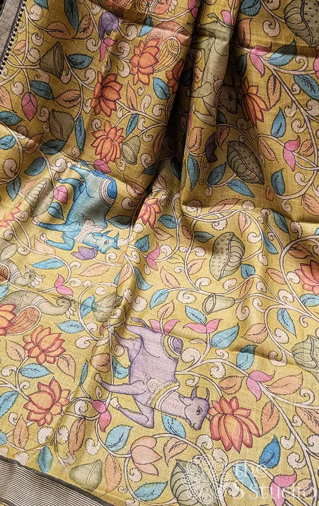 Light yellow pen kalamkari tussar saree with small border