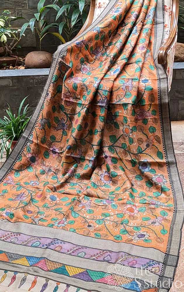 Orange handpainted kalamkari tussar silk saree