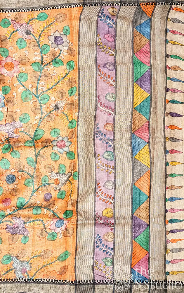 Orange handpainted kalamkari tussar silk saree